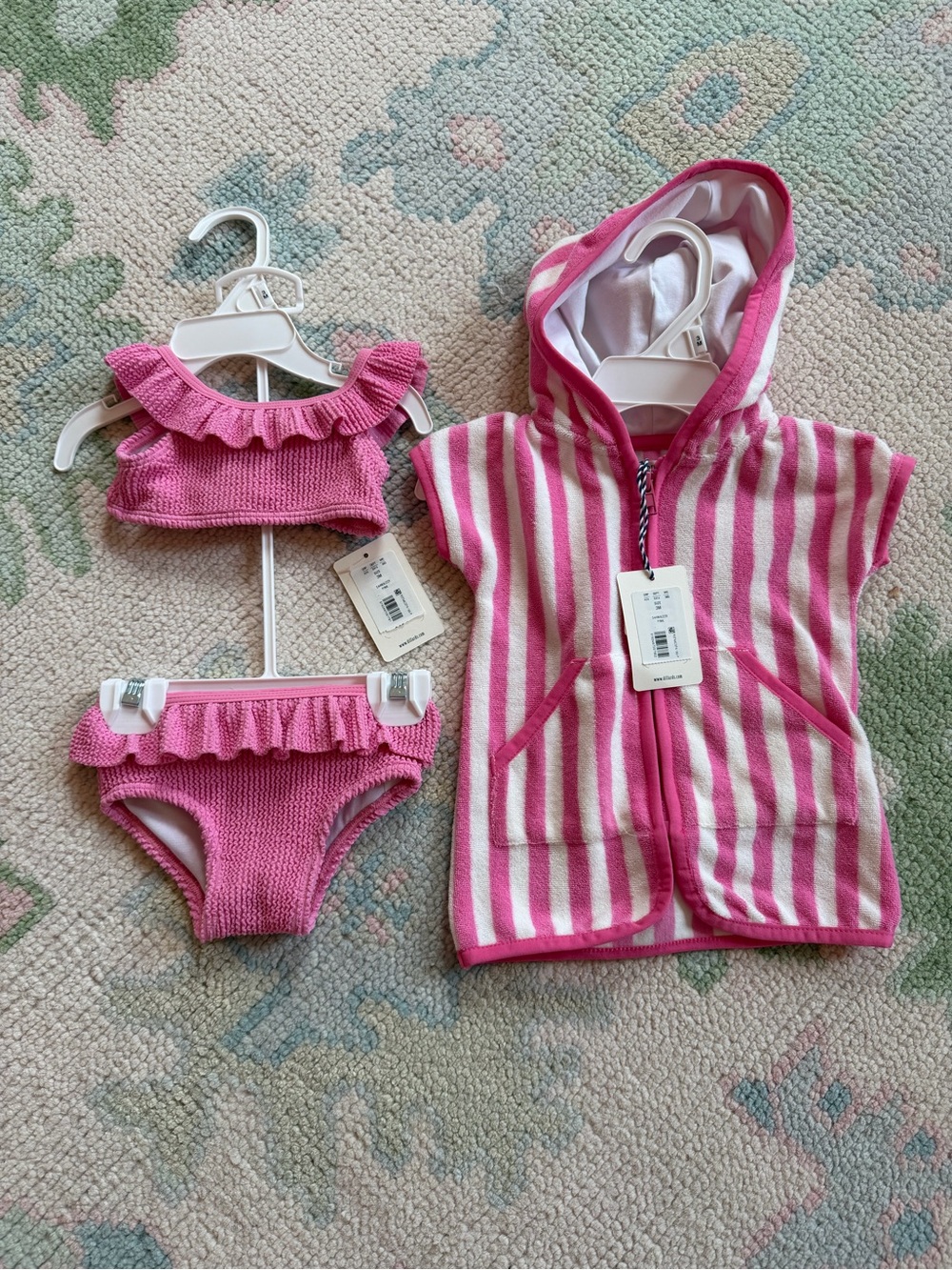 Girls Pink Knit Ruffle Bikini & Hooded Terry Cover-Up Set